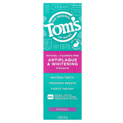 Tom's of Maine, Antiplaque & Whitening Toothpaste, Fluoride Free, Fennel , 4.5 oz (127 g)