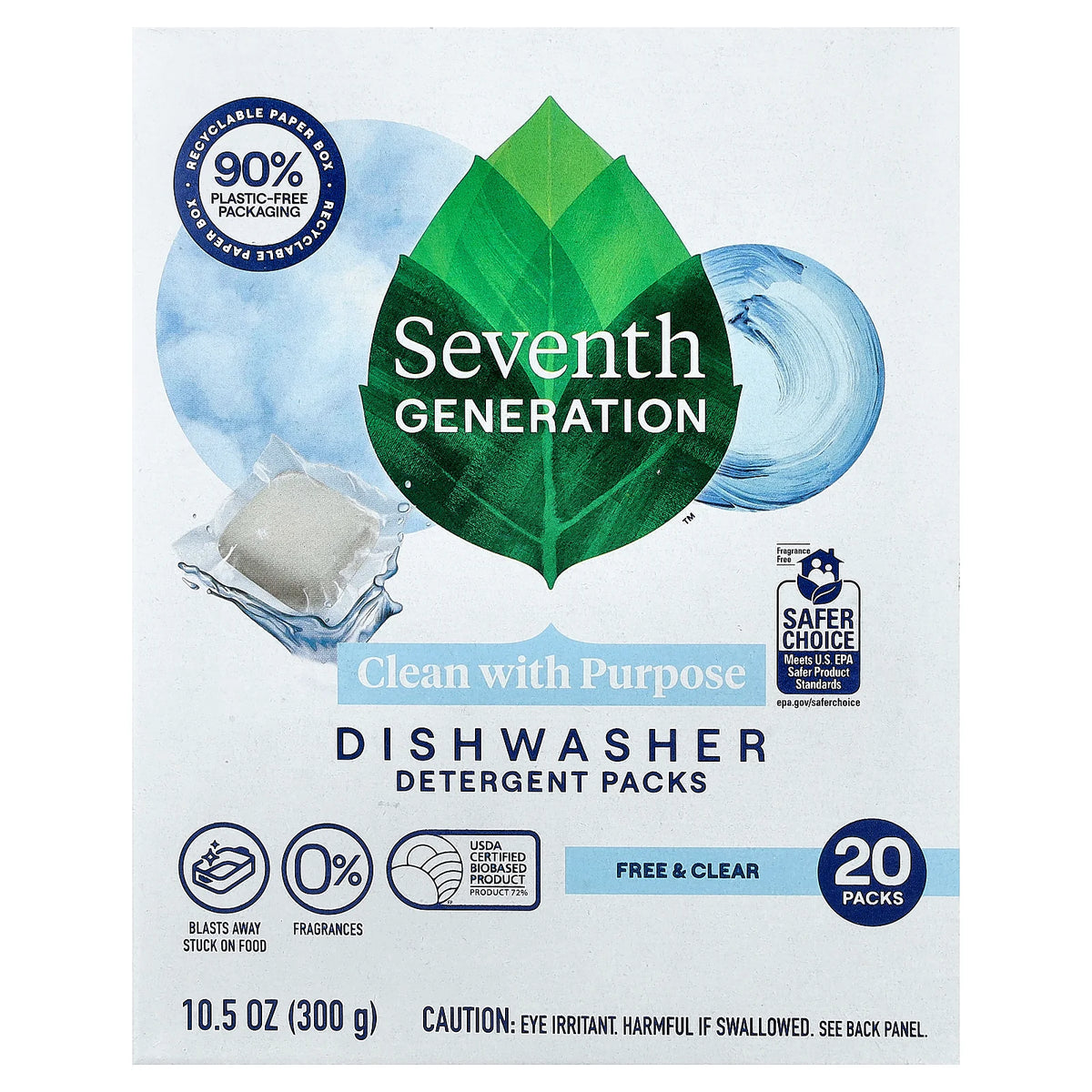 Seventh Generation, Dishwasher Detergent Packs, Free & Clear, 20 Packs, 10.5 oz (300 g)