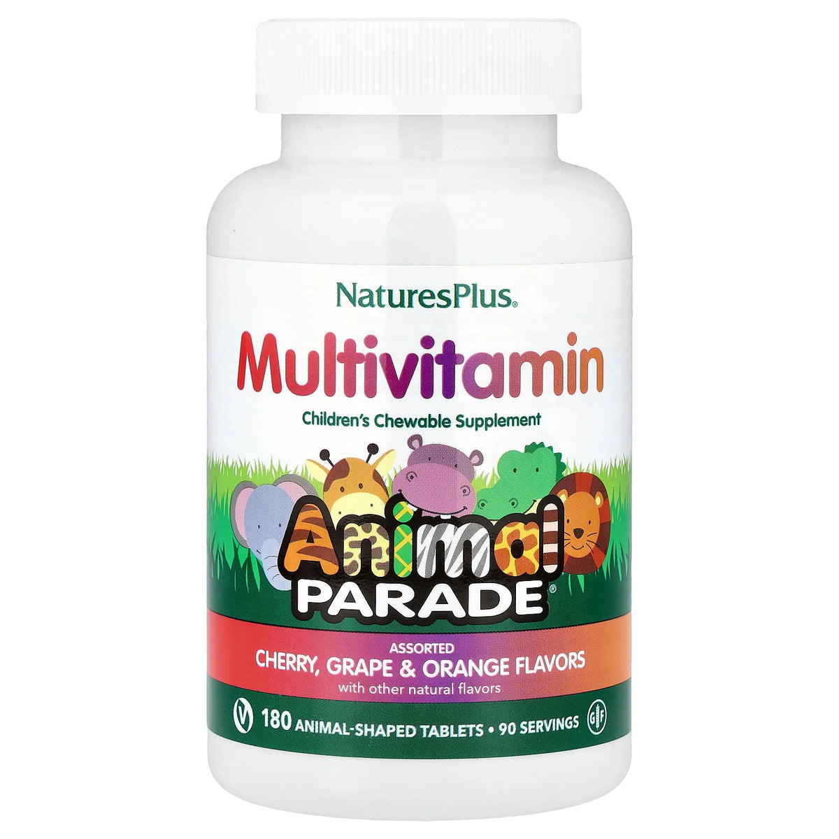 NaturesPlus, Animal Parade®, Children's Chewable Multivitamin, Cherry, Grape & Orange, 180 Animal-Shaped Tablets