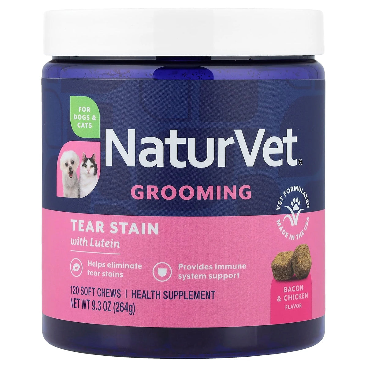 NaturVet, Grooming, Tear Stain with Lutein, For Dogs & Cats, Bacon & Chicken, 120 Soft Chews, 9.3 oz (264 g)