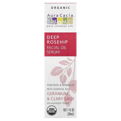 Aura Cacia, Organic Deep Rosehip Facial Oil Serum, Geranium & Clary Sage, 1 fl oz (30 ml)