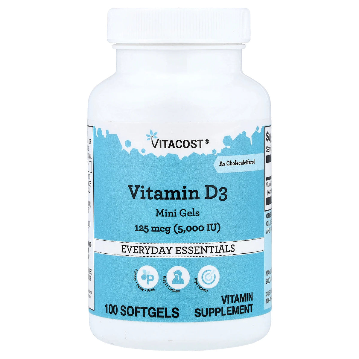 Vitacost, Vitamin D3 Mini Gels, 125 mcg (5,000 IU), 100 Softgels