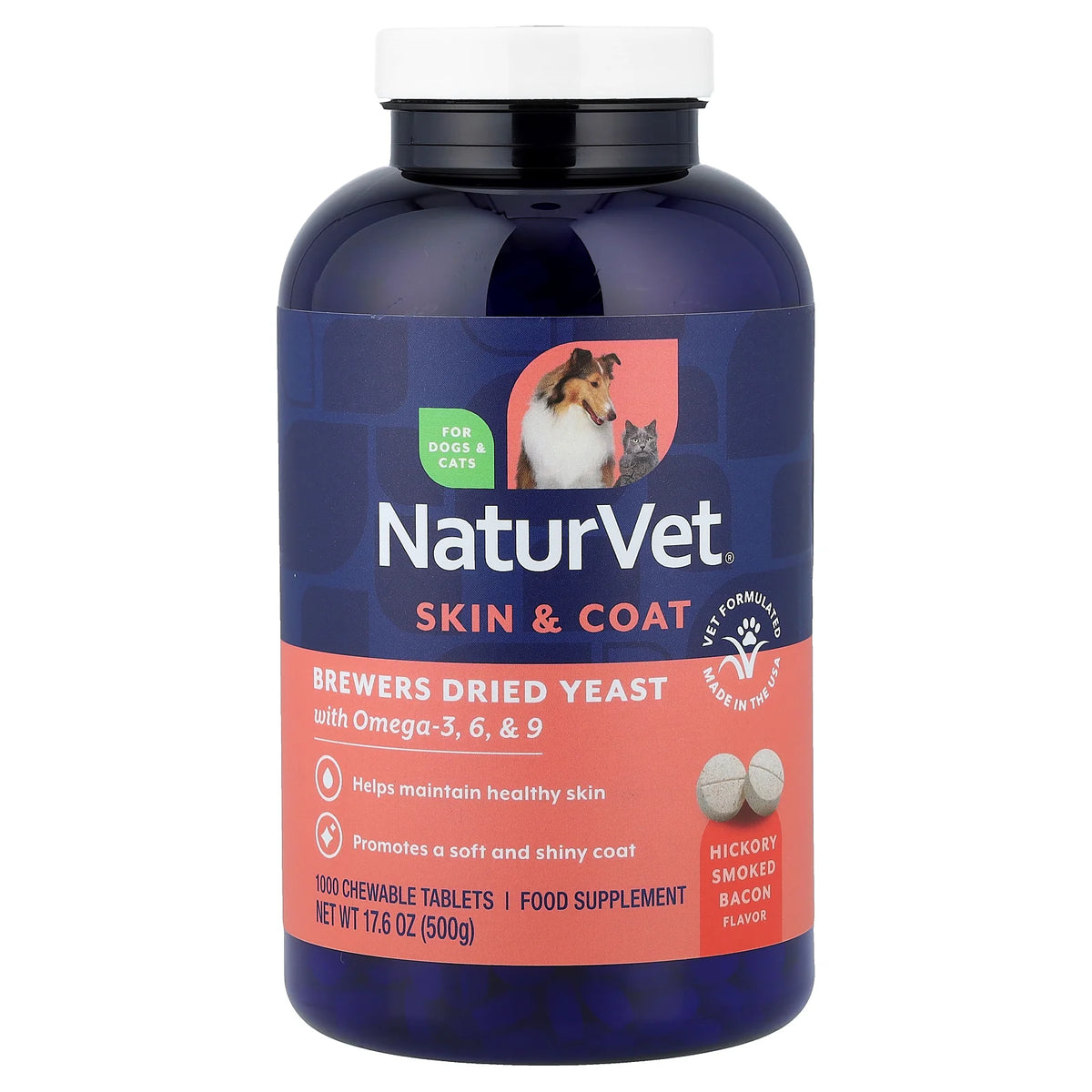 NaturVet, Brewers Dried Yeast + Omegas, For Dogs and Cats, 1,000 Chewable Tabs, 17.6 oz (500 g)