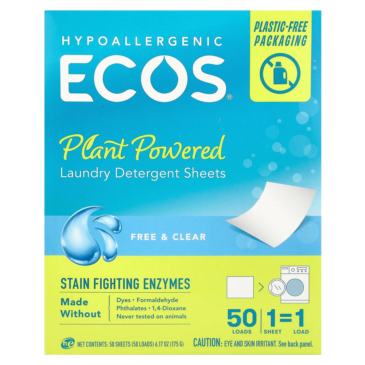 Ecos®, Plant Powered Laundry Detergent Sheets, Free & Clear, 50 Sheets