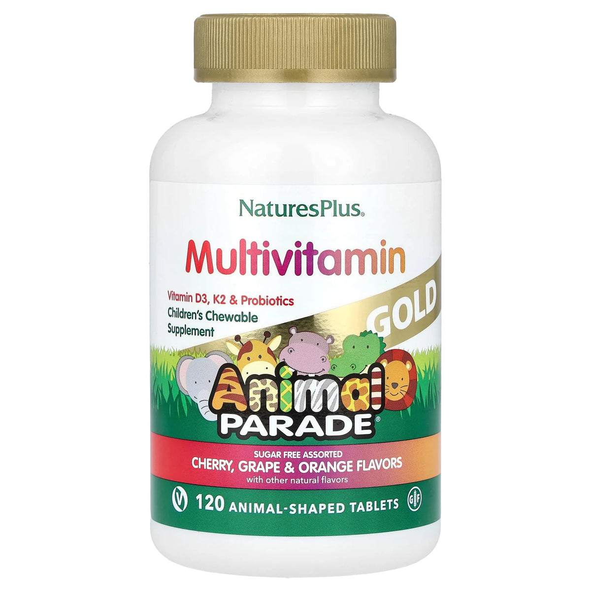 NaturesPlus, Animal Parade® Gold, Children's Chewable Multivitamin, Cherry, Grape & Orange, 120 Animal-Shaped Tablets