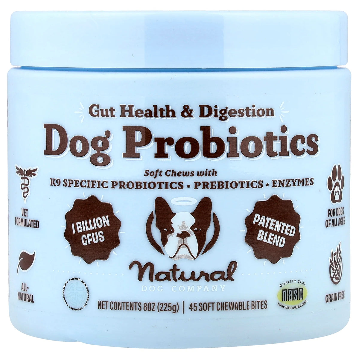 Natural Dog Company, Dog Probiotics, Gut Health & Digestion, For Dogs, All Ages, 45 Soft Chewable Bites, 8 oz (225 g)